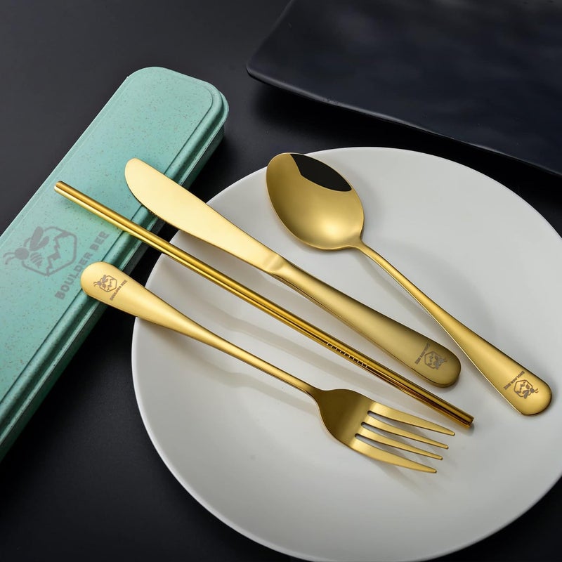 Boulder Bee | Travel Utensils Set | Reusable Camping Cutlery Set | Stainless Steel Flatware Set | Portable Silverware Set with Case | Includes Knife/Fork/Spoon/Straw/Cleaning Cloth/Case (Gold) - Image 2